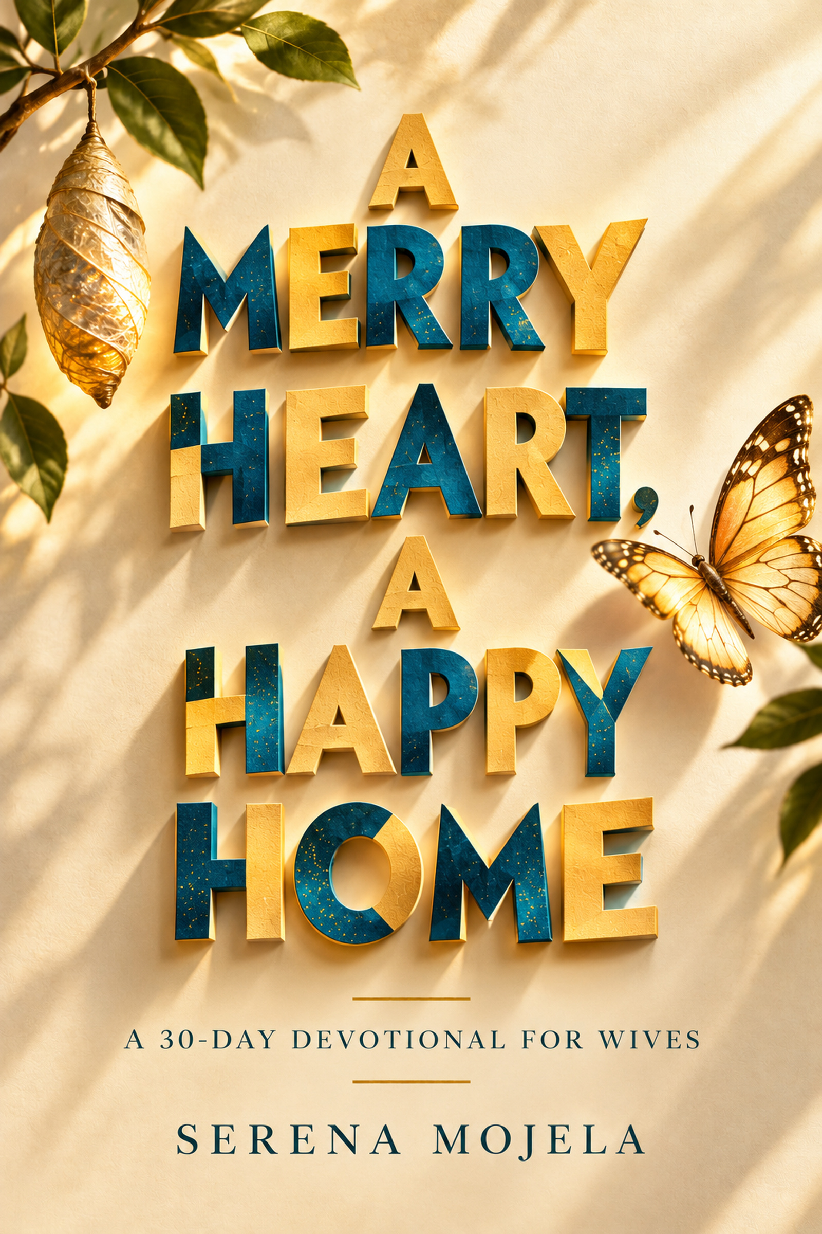 A Merry Heart, A Happy Home by Serena Mojela: a gold and teal cover with a chrysalis and butterfly